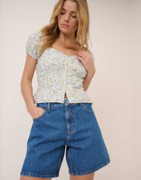 Nobody's Child Bailey cotton long line bermuda shorts in mid blue - view 1