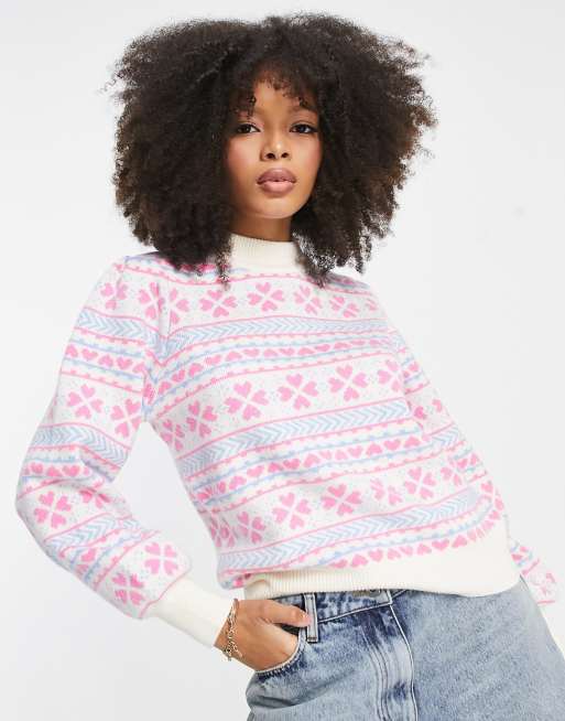 Nobody's Child balloon sleeve jacquard sweater in baby blue heart