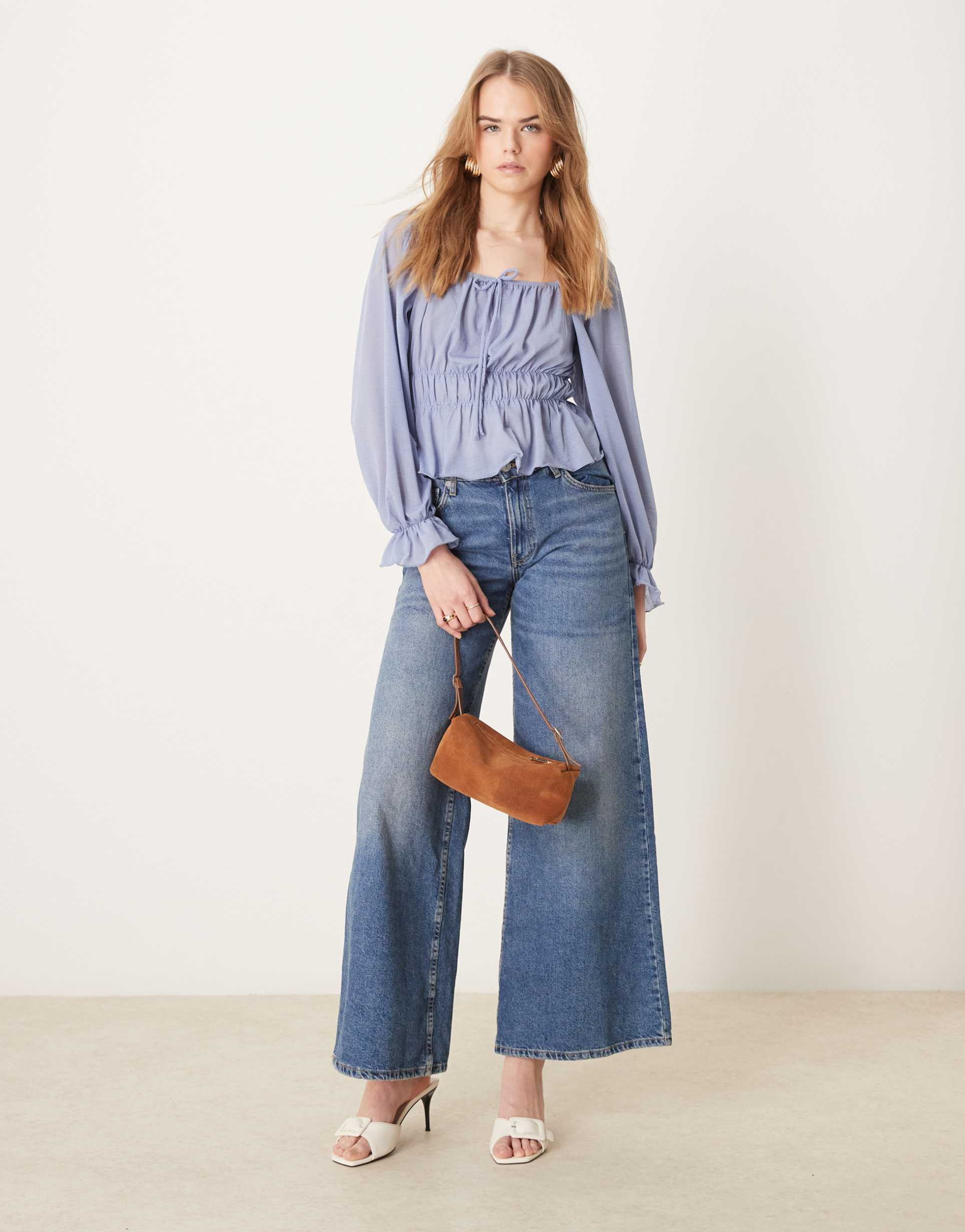 nobody's child balloon sleeve square neck blouse in dusky blue