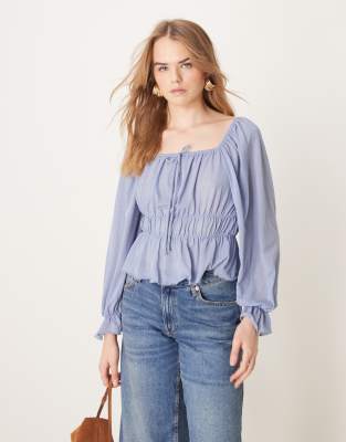 nobody's child balloon sleeve square neck blouse in dusky blue