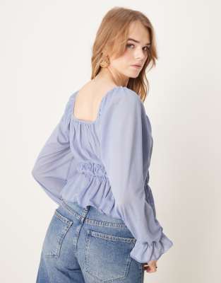 Nobody's Child balloon sleeve square neck blouse in dusky blue