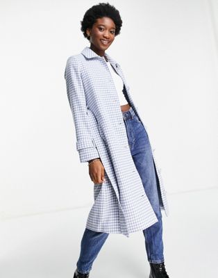Nobody's Child belted coat in blue dogtooth
