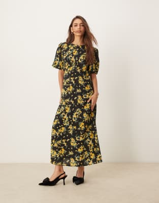 Benita midi dress in yellow & black ditsy floral-Multi