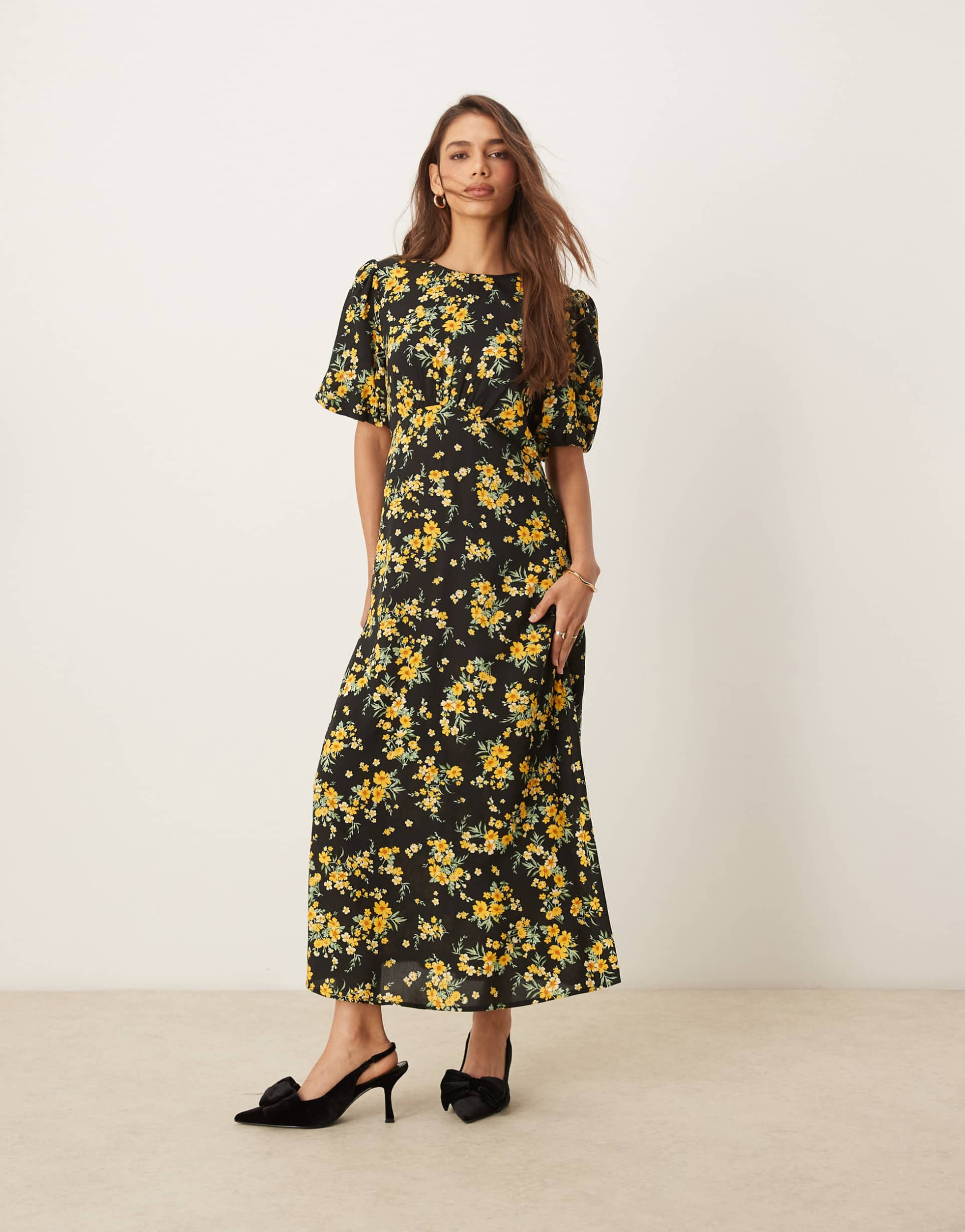 nobody's child benita midi dress in yellow & black ditsy floral