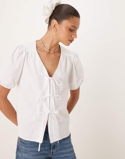 Nobody's Child Bernadetta short sleeve tie-detail blouse in white