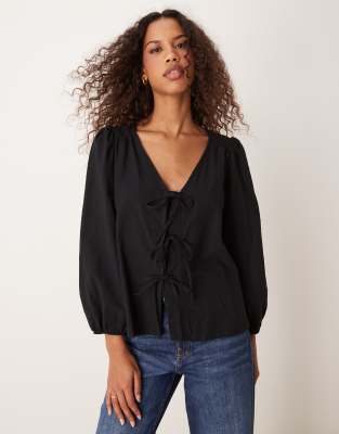 Nobody's Child Bernadetta long sleeve tie-detail blouse in black