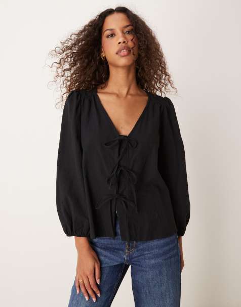 Nobody's Child Bernadetta long sleeve tie-detail blouse in black - view 1