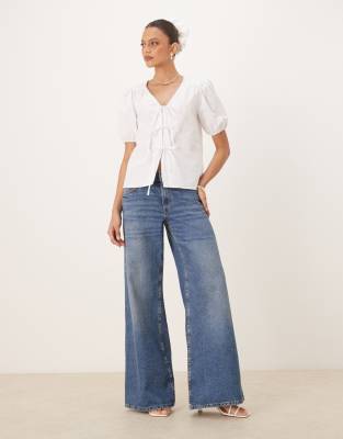NOBODY'S CHILD BERNADETTA SHORT SLEEVE TIE-DETAIL BLOUSE 