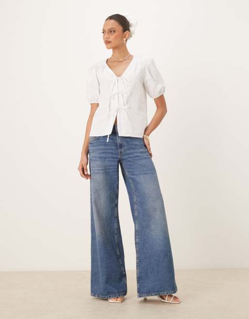 Nobody's Child Bernadetta short sleeve tie-detail blouse in white, 2 of 4