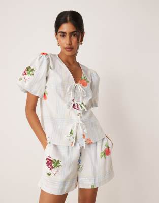 Nobody's Child Bernadetta tie-detail top co-ord in fruit check print-Multi