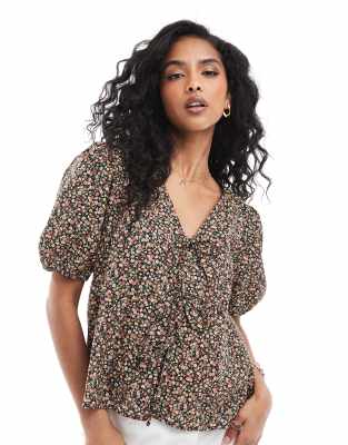 Bernadetta tie-front top in dark floral-Multi