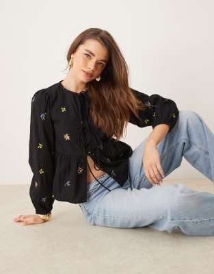 Nobody's Child Bernice Tie Front Embroidered Blouse In Black