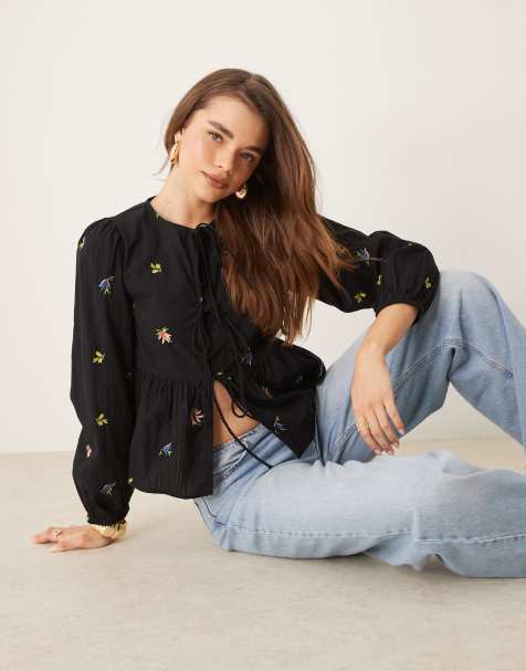 Nobody's Child Bernice tie front embroidered blouse in black - view 1