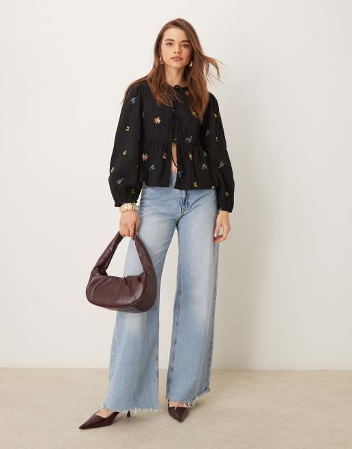 Nobody s Child Bernice tie front embroidered blouse in black ASOS