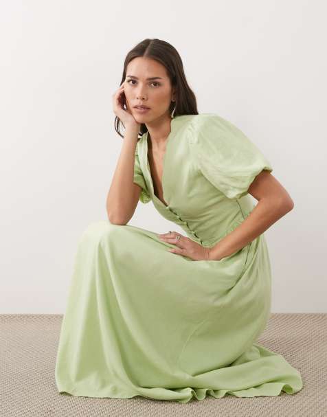 Nobody's Child Bess linen blend puff sleeve scallop edge v-neck midi dress in sage - view 1