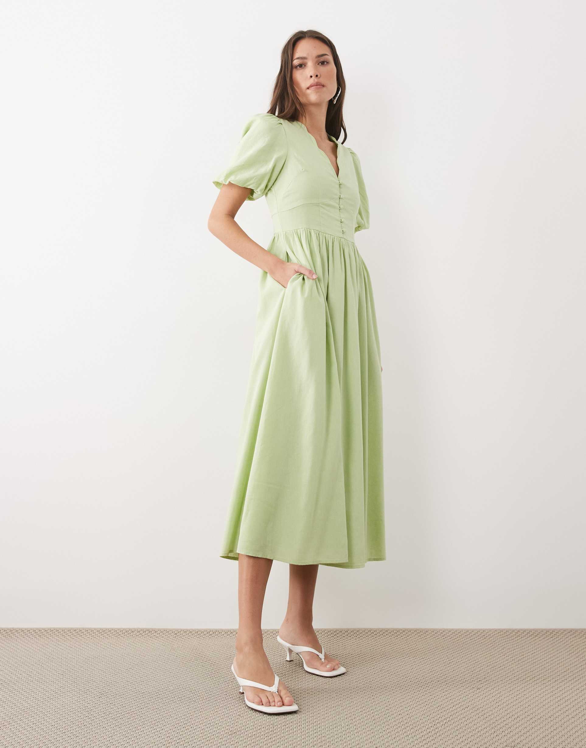 nobody's child bess linen blend puff sleeve scallop edge v-neck midi dress in sage