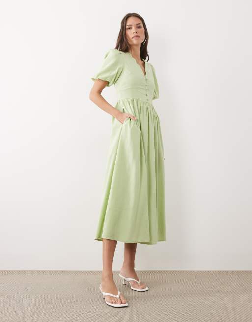 Nobody's Child Bess linen blend puff sleeve scallop edge v-neck midi dress  in sage | ASOS