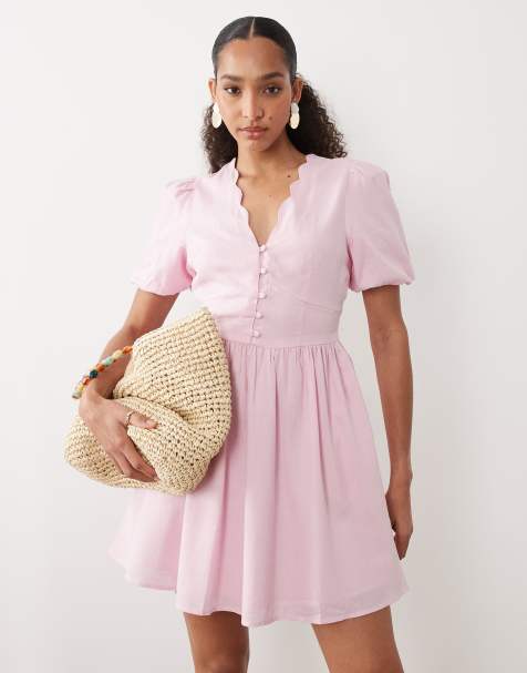 Nobody's Child Bess linen blend scallop edge v-neck puff sleeve mini dress in pink - view 1