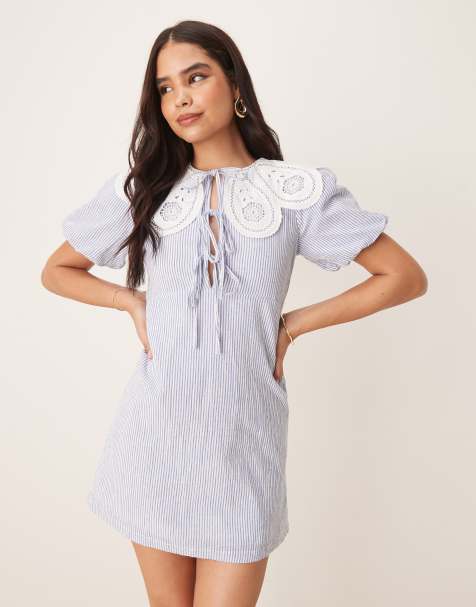 Nobody's Child Bessie scallop collar detail mini smock dress in blue pinstripe