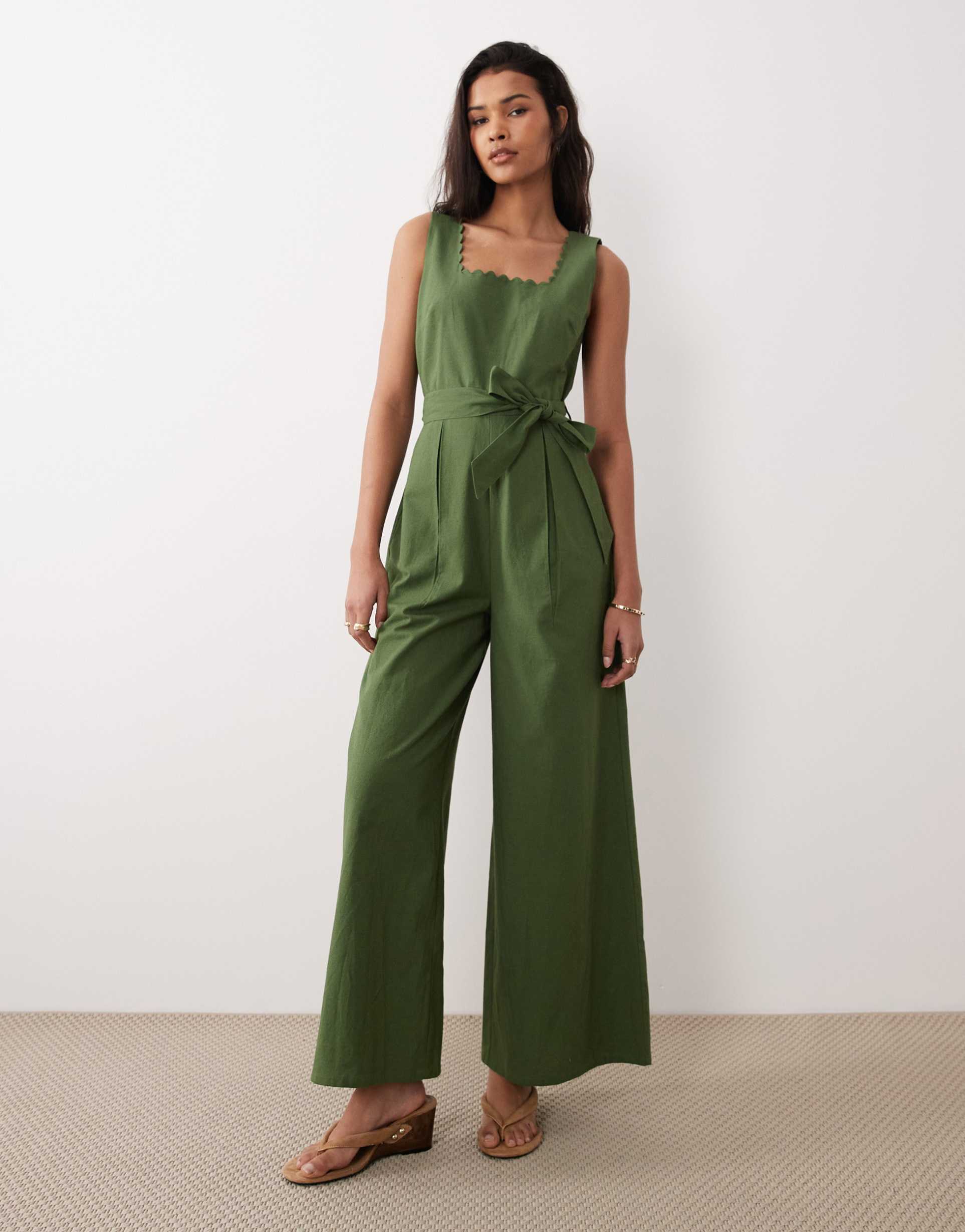 nobody's child bessie square neck bow detail jumpsuit in green