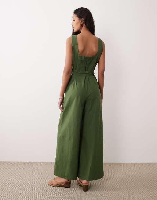 Nobody's Child Bessie square neck bow detail jumpsuit in green, 2 of 4