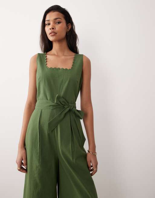 Nobody's Child Bessie square neck bow detail jumpsuit in green, 4 of 4