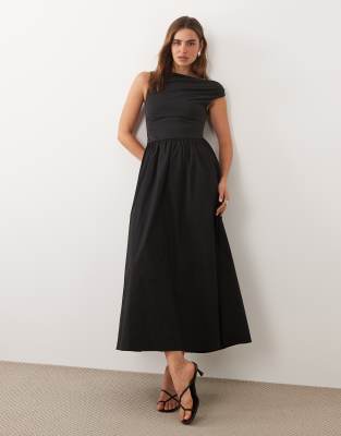 Beth - Robe mi-longue asymétrique en modal mélangé à manches courtes et détail poche - Noir 38