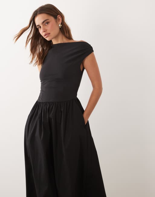 Nobody's Child - Beth - Vestito midi monospalla in misto modal nero con tasche e maniche corte, 3 di 4