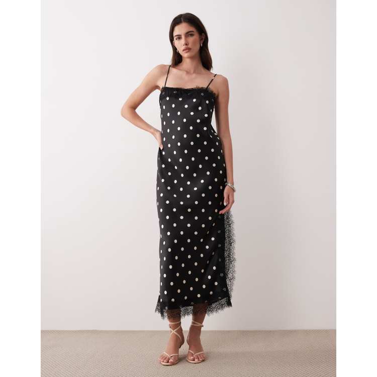Nobody's Child Betsi satin lace trim midi dress in black polka dot