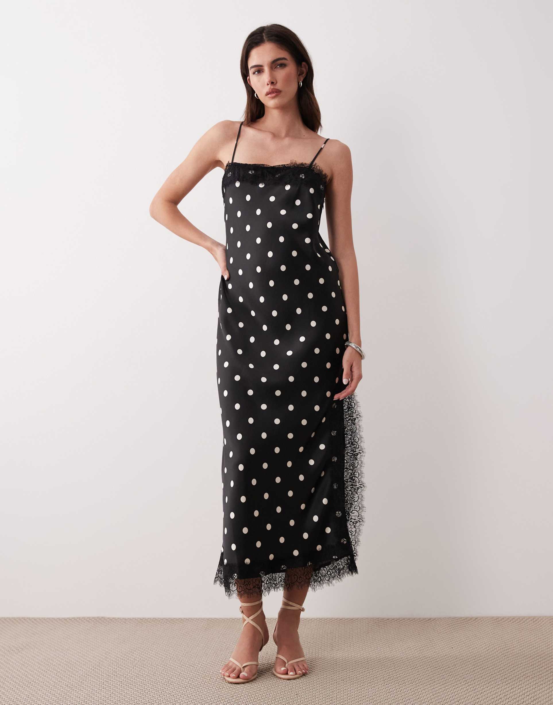 nobody's child betsi satin lace trim midi dress in black polka dot