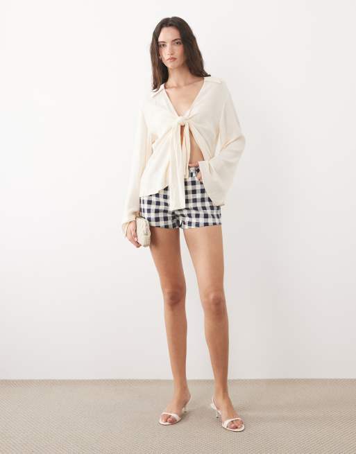 Nobody's Child Bexley denim mid waist mini shorts in navy gingham, 2 of 5
