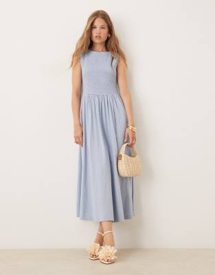 Nobody's Child Billie shirred bodice midi dress in dusty blue - view 1
