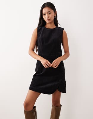 Nobody's Child Birch Cord Sleeveless Asymmetric Button Detail Mini Dress In Black