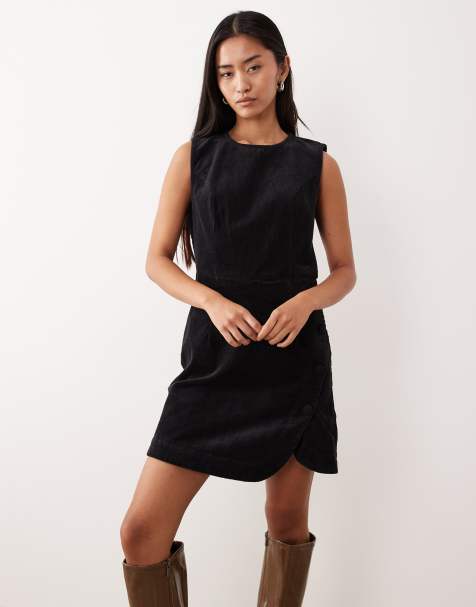 Nobody's Child Birch round neck cord pinafore mini dress in black