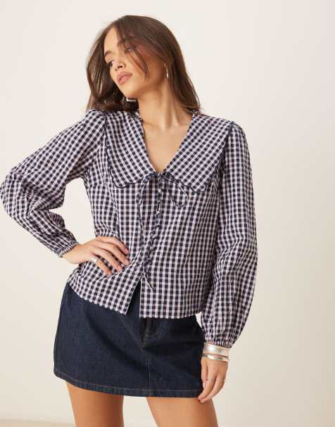 Nobody's Child - Birdie - Blouse à carreaux vichy avec col festonné - Noir et blanc - view 1