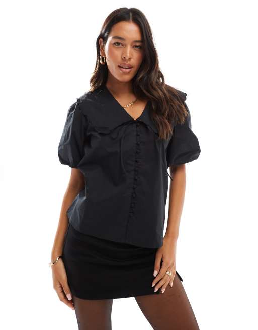Nobody's Child Birdie collar detail short sleeve blouse in black