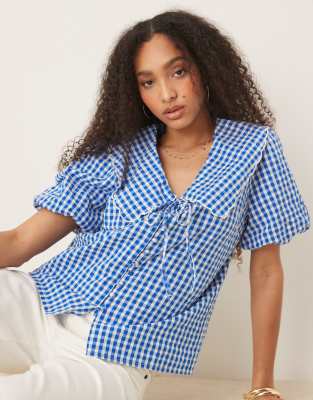 nobody's child birdie collared puff sleeve top in blue gingham