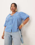 [Nobody's Child Plus] Nobody's Child Birdie collared puff sleeve top in blue gingham-Multi 24 Gingham
