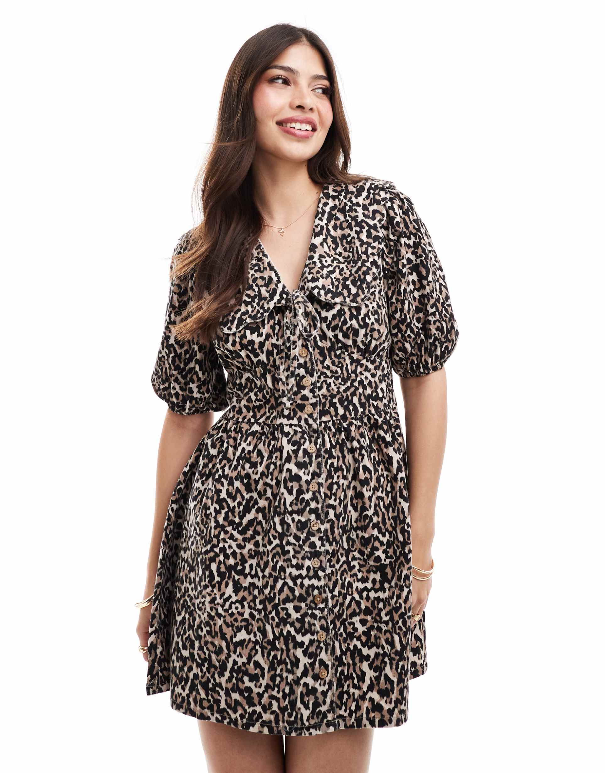 nobody's child birdie denim mini dress in leopard