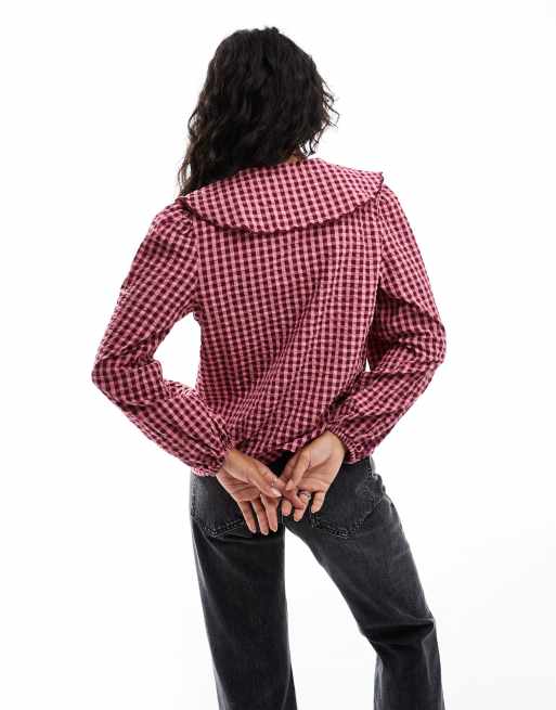 Nobody's Child - Birdie - Lyserød bluse med gingham-tern og bølgeformet krave, 4 af 4
