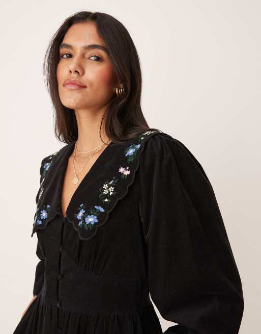 Nobody's Child Birdie mini dress with embroidered collar in black, 3 of 4