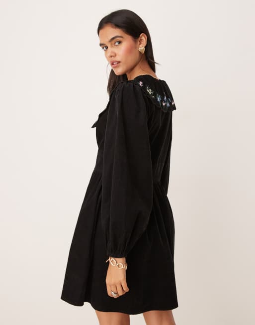 Nobody's Child Birdie mini dress with embroidered collar in black, 4 of 4