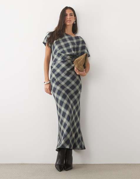 Nobody's Child Blaine midi-jurk met korte mouwen en drapering in blauw geruit - view 1