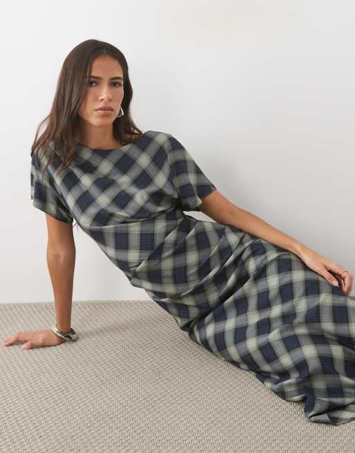 Nobody's Child Blaine short sleeve draped midi dress in blue plaid, 2 of 4