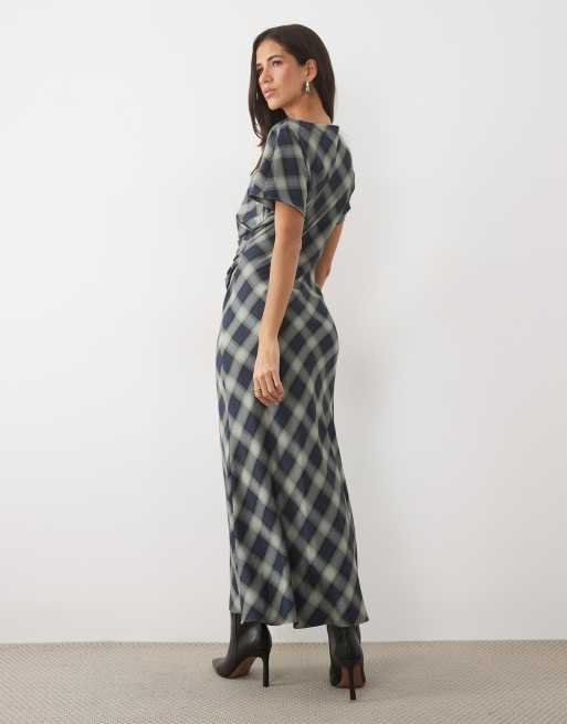 Nobody's Child Blaine short sleeve draped midi dress in blue plaid, 3 of 4