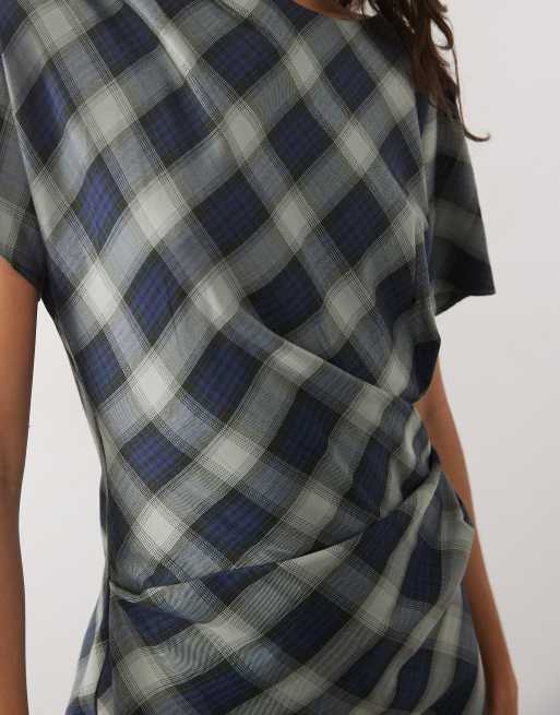 Nobody's Child Blaine short sleeve draped midi dress in blue plaid, 4 of 4