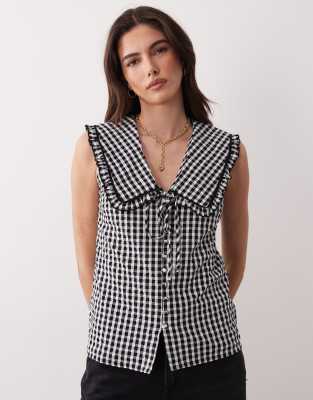 Blair - Blouse à carreaux vichy avec col à volants - Noir et blanc 36