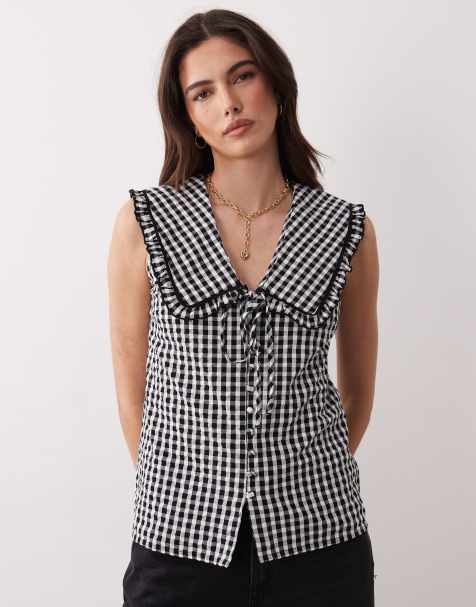 Nobody's Child Blair blouse with ruffle collar in mono gingham