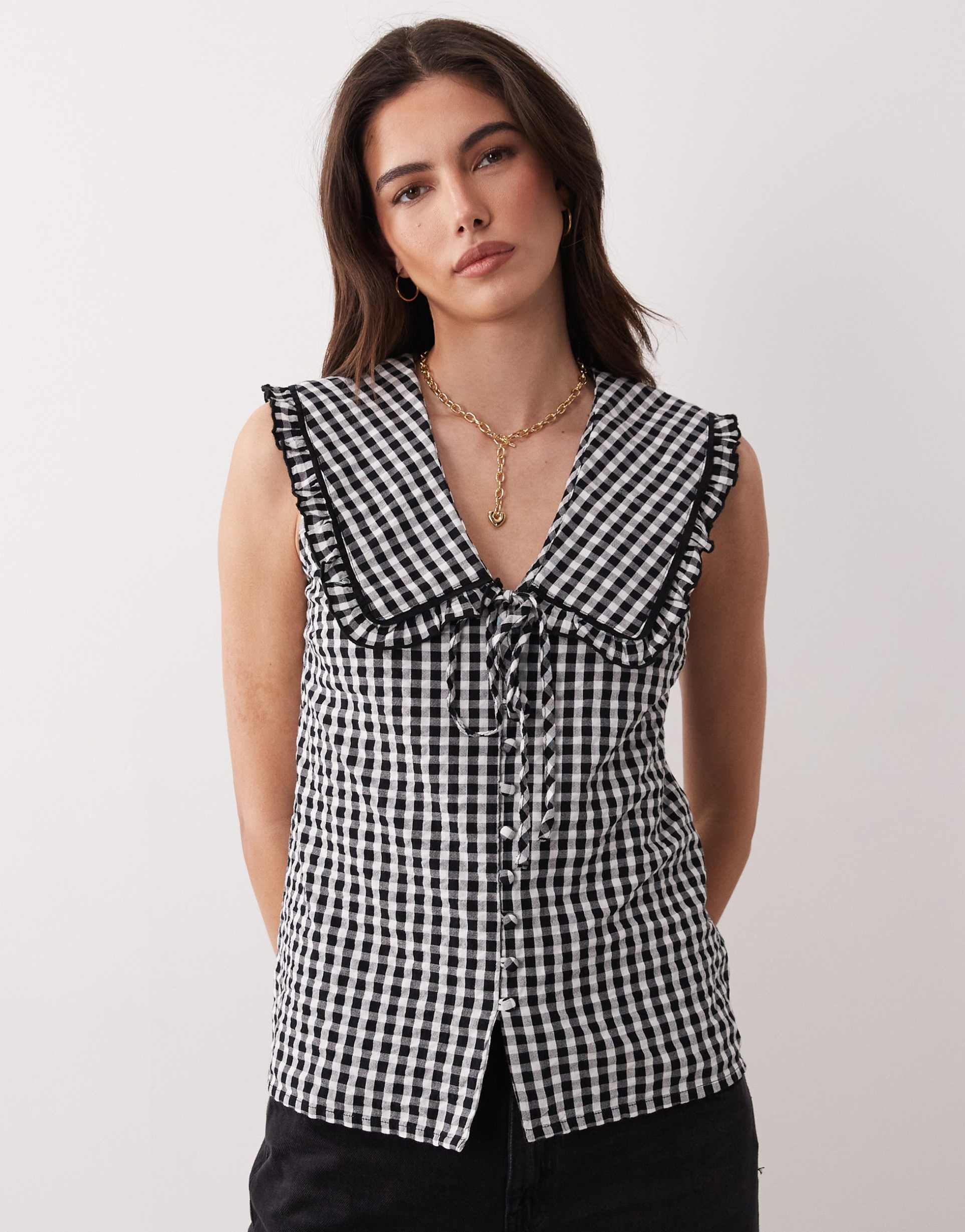 nobody's child blair blouse with ruffle trim collar in black and white gingham