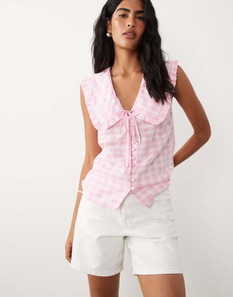 Nobody's Child - Blair - Blusa rosa a quadretti con colletto con volant e bottoni - view 1